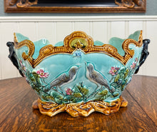 Load image into Gallery viewer, Antique French Onnaing Majolica Cache Pot Planter Bowl Jardiniere Love Birds