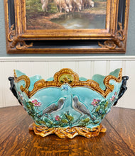 Load image into Gallery viewer, Antique French Onnaing Majolica Cache Pot Planter Bowl Jardiniere Love Birds