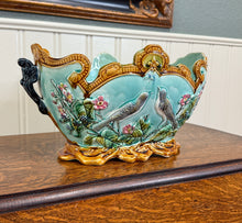 Load image into Gallery viewer, Antique French Onnaing Majolica Cache Pot Planter Bowl Jardiniere Love Birds