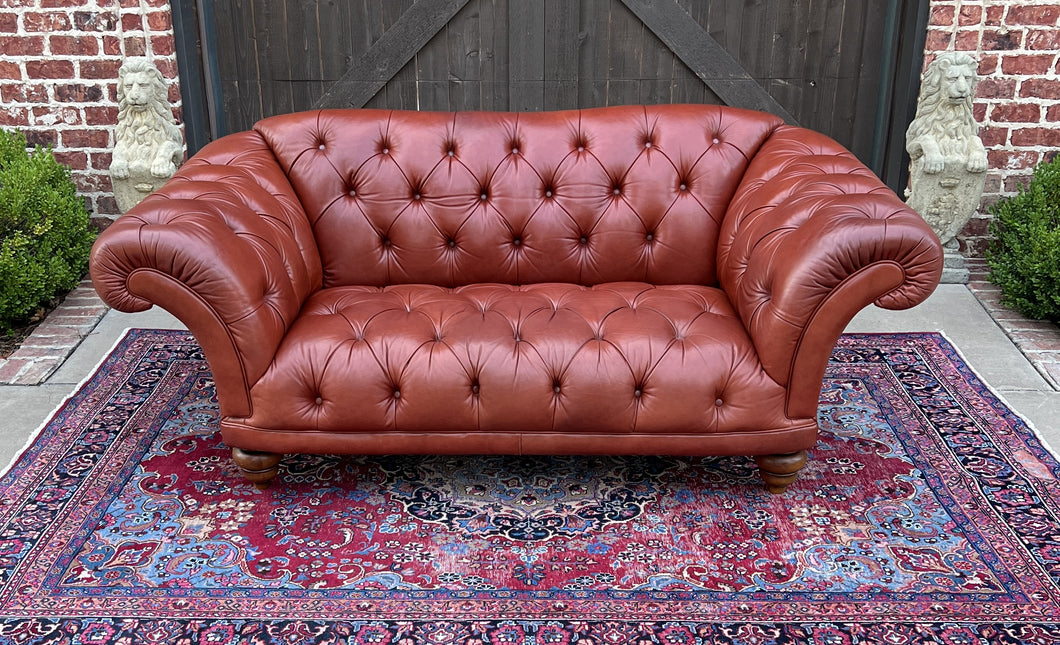 Vintage English Chesterfield Leather Tufted Sofa Brown Terra Cotta Mid Century