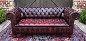 Vintage English Chesterfield Sofa Leather Tufted Seat Oxblood Red Mid-Century #1