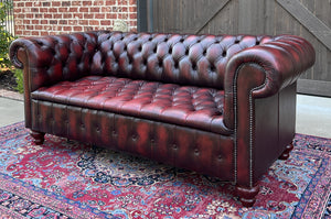 Vintage English Chesterfield Sofa Leather Tufted Seat Oxblood Red Mid-Century #1