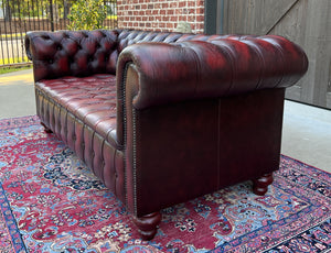 Vintage English Chesterfield Sofa Leather Tufted Seat Oxblood Red Mid-Century #1