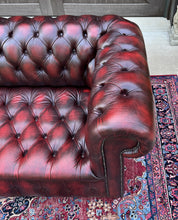Load image into Gallery viewer, Vintage English Chesterfield Sofa Leather Tufted Seat Oxblood Red Mid-Century #1