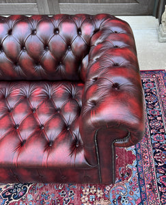 Vintage English Chesterfield Sofa Leather Tufted Seat Oxblood Red Mid-Century #1