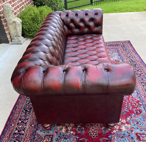 Vintage English Chesterfield Sofa Leather Tufted Seat Oxblood Red Mid-Century #1