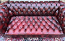 Load image into Gallery viewer, Vintage English Chesterfield Sofa Leather Tufted Seat Oxblood Red Mid-Century #1