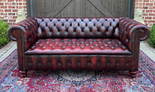 Load image into Gallery viewer, Vintage English Chesterfield Sofa Leather Tufted Seat Oxblood Red Mid-Century #1