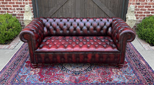 Vintage English Chesterfield Sofa Leather Tufted Seat Oxblood Red Mid-Century #1