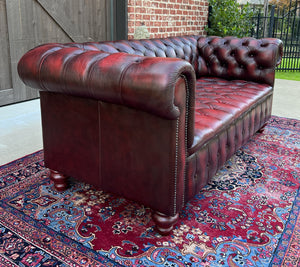 Vintage English Chesterfield Sofa Leather Tufted Seat Oxblood Red Mid-Century #1