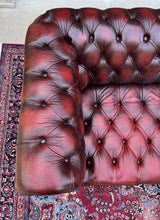 Load image into Gallery viewer, Vintage English Chesterfield Sofa Leather Tufted Seat Oxblood Red Mid-Century #1