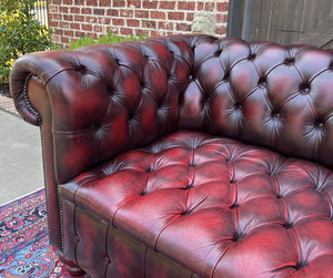 Vintage English Chesterfield Sofa Leather Tufted Seat Oxblood Red Mid-Century #1