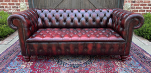 Vintage English Chesterfield Sofa Leather Tufted Seat Oxblood Red Mid-Century #1