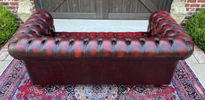Vintage English Chesterfield Sofa Leather Tufted Seat Oxblood Red Mid-Century #1