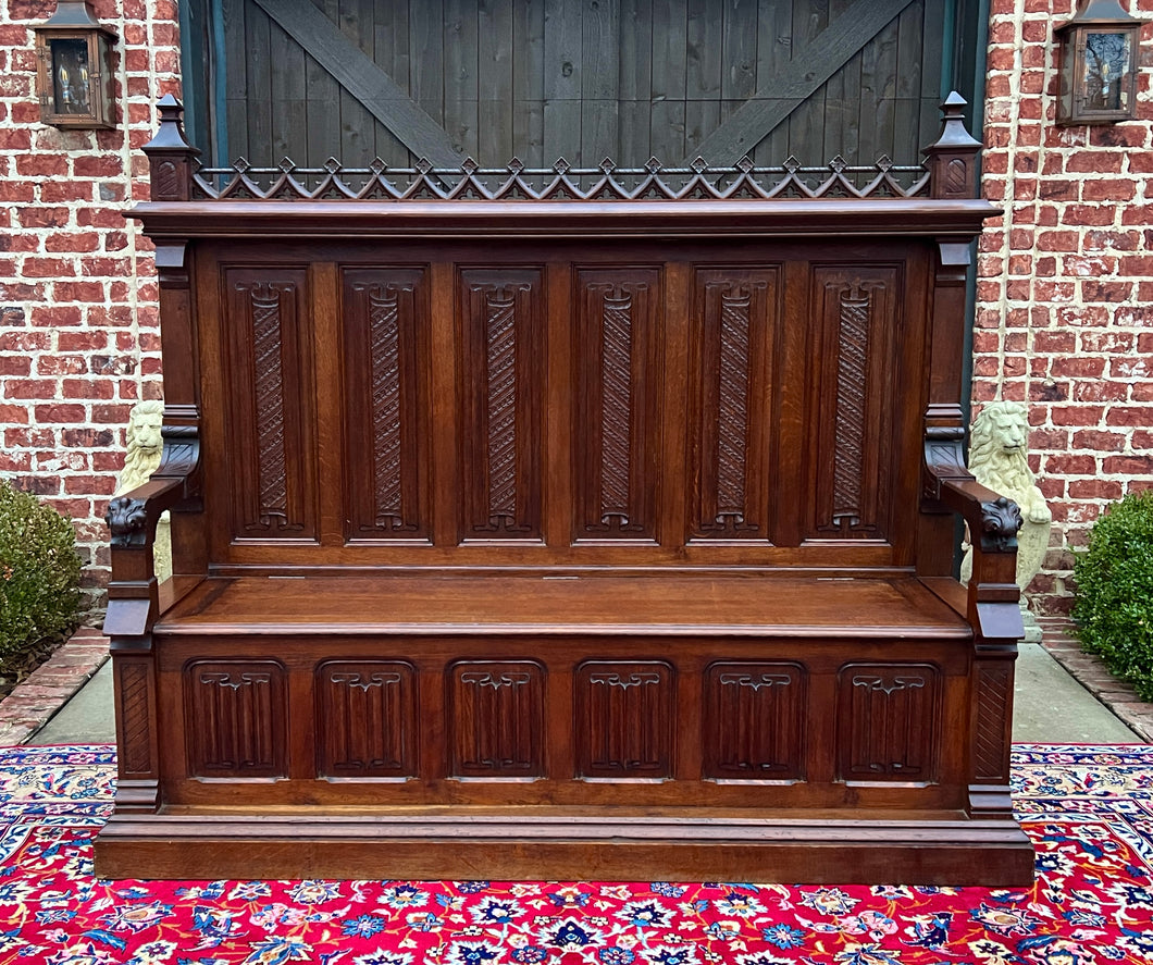 Large Antique French Bench Settee Gothic Oak Tracery Lift Top Seat c. 19th