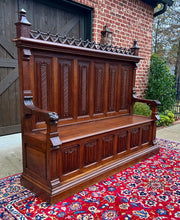 Load image into Gallery viewer, Large Antique French Bench Settee Gothic Oak Tracery Lift Top Seat c. 19th