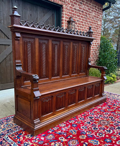 Large Antique French Bench Settee Gothic Oak Tracery Lift Top Seat c. 19th