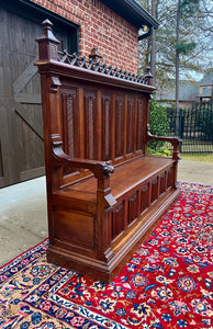 Large Antique French Bench Settee Gothic Oak Tracery Lift Top Seat c. 19th