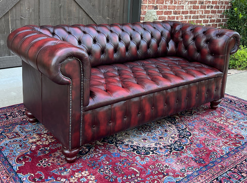 Vintage English Chesterfield Leather Sofa Tufted Seat Oxblood Red Mid-Century #2