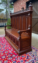 Load image into Gallery viewer, Large Antique French Bench Settee Gothic Oak Tracery Lift Top Seat c. 19th