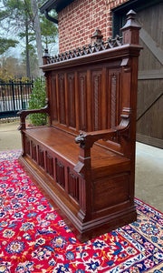 Large Antique French Bench Settee Gothic Oak Tracery Lift Top Seat c. 19th