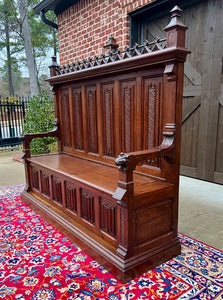 Large Antique French Bench Settee Gothic Oak Tracery Lift Top Seat c. 19th