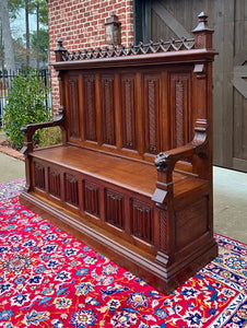 Large Antique French Bench Settee Gothic Oak Tracery Lift Top Seat c. 19th