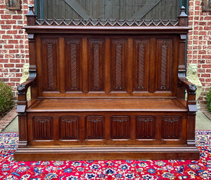 Large Antique French Bench Settee Gothic Oak Tracery Lift Top Seat c. 19th