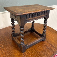 Load image into Gallery viewer, Antique English Footstool Bench Stool Joint Stool Barley Twist Carved Oak c.1900