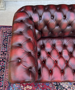 Vintage English Chesterfield Leather Sofa Tufted Seat Oxblood Red Mid-Century #2