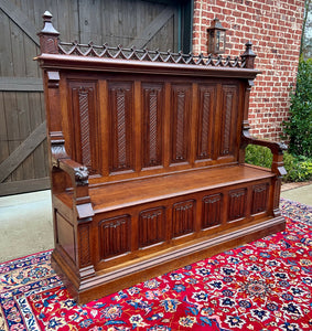 Large Antique French Bench Settee Gothic Oak Tracery Lift Top Seat c. 19th