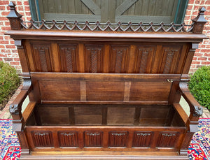 Large Antique French Bench Settee Gothic Oak Tracery Lift Top Seat c. 19th