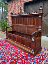 Load image into Gallery viewer, Large Antique French Bench Settee Gothic Oak Tracery Lift Top Seat c. 19th