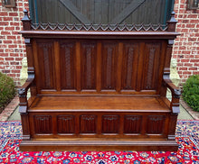 Load image into Gallery viewer, Large Antique French Bench Settee Gothic Oak Tracery Lift Top Seat c. 19th