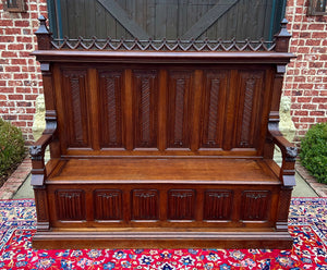 Large Antique French Bench Settee Gothic Oak Tracery Lift Top Seat c. 19th