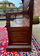 Load image into Gallery viewer, Large Antique French Bench Settee Gothic Oak Tracery Lift Top Seat c. 19th