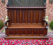 Load image into Gallery viewer, Large Antique French Bench Settee Gothic Oak Tracery Lift Top Seat c. 19th