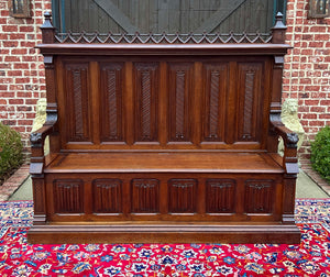 Large Antique French Bench Settee Gothic Oak Tracery Lift Top Seat c. 19th