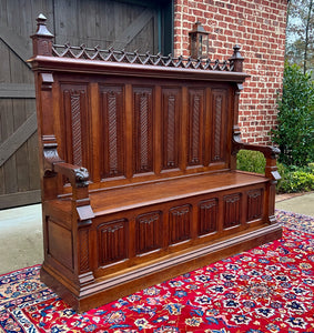 Large Antique French Bench Settee Gothic Oak Tracery Lift Top Seat c. 19th