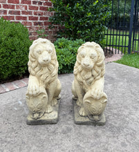Load image into Gallery viewer, Vintage English Statues LIONS PAIR Garden Figures Cast Stone Yard Decor 22&quot; Tall