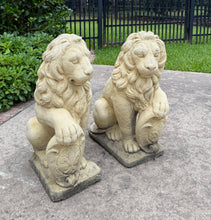 Load image into Gallery viewer, Vintage English Statues LIONS PAIR Garden Figures Cast Stone Yard Decor 22&quot; Tall