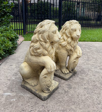 Load image into Gallery viewer, Vintage English Statues LIONS PAIR Garden Figures Cast Stone Yard Decor 22&quot; Tall