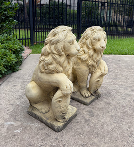 Vintage English Statues LIONS PAIR Garden Figures Cast Stone Yard Decor 22" Tall