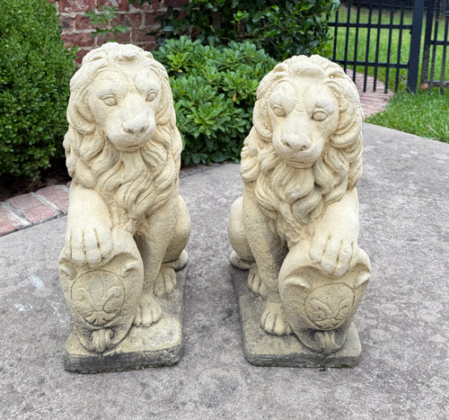 Vintage English Statues LIONS PAIR Garden Figures Cast Stone Yard Decor 22