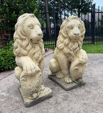 Load image into Gallery viewer, Vintage English Statues LIONS PAIR Garden Figures Cast Stone Yard Decor 22&quot; Tall