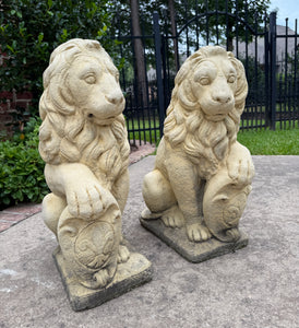 Vintage English Statues LIONS PAIR Garden Figures Cast Stone Yard Decor 22" Tall