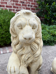 Vintage English Statues LIONS PAIR Garden Figures Cast Stone Yard Decor 22" Tall