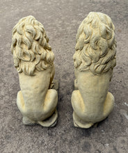 Load image into Gallery viewer, Vintage English Statues LIONS PAIR Garden Figures Cast Stone Yard Decor 22&quot; Tall