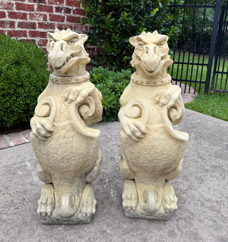 Vintage English Statues Garden Figures Gargoyles Shield Cast Stone Pair