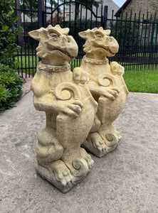 Vintage English Statues Garden Figures Gargoyles Shield Cast Stone Pair